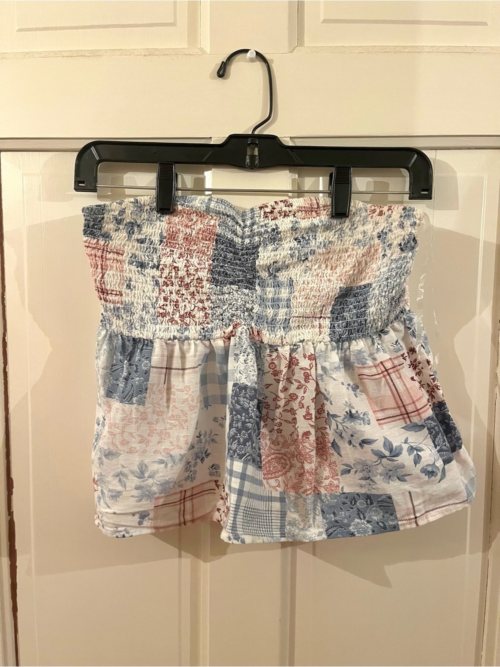 A&E Babydoll Cottage Patchwork Smocked Tube Top - Blue & Pink Women’s Medium
